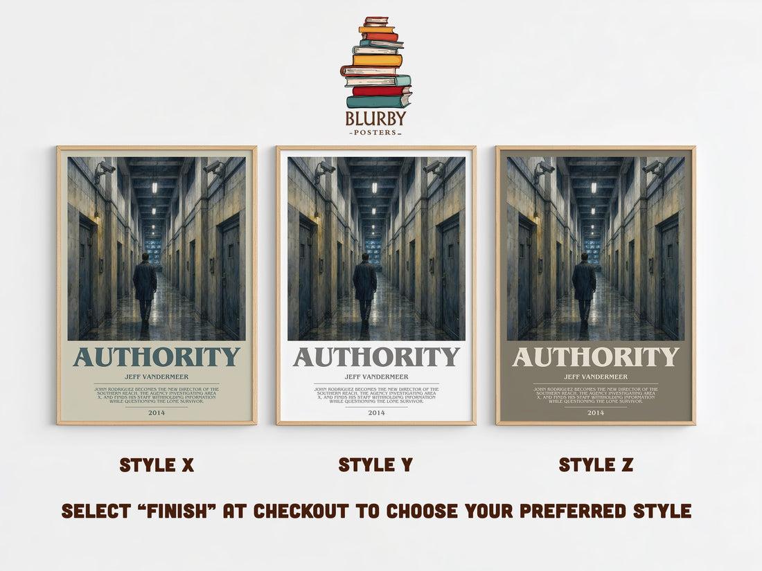 Authority bookish print in frame leaning in hallway – sci fi wall art (mockup)