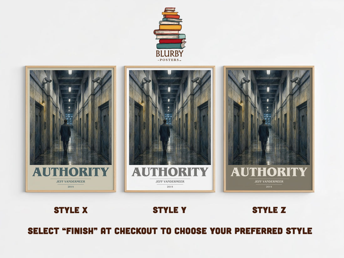 Authority book cover print in frame leaning in hallway – sci fi wall art (mockup)