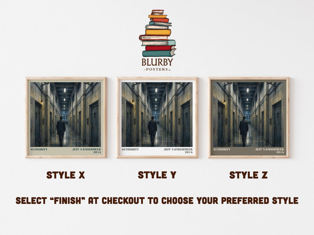 Authority literary print in frame leaning in hallway – sci fi wall art (mockup)