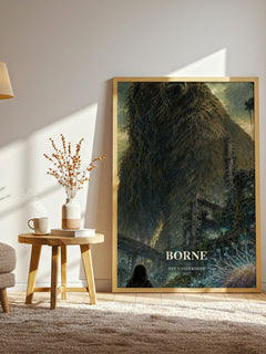 Borne watercolour print in frame leaning in hallway – sci fi wall art