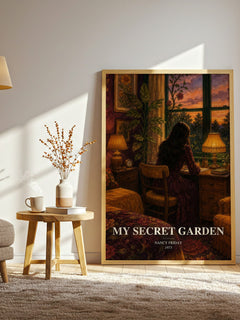 My Secret Garden watercolour print in frame leaning in hallway – non fiction wall art
