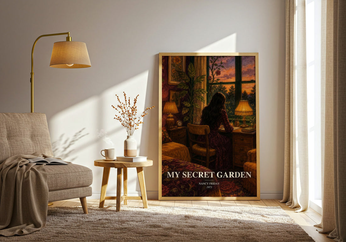 My Secret Garden watercolour print in frame leaning in hallway – non fiction wall art