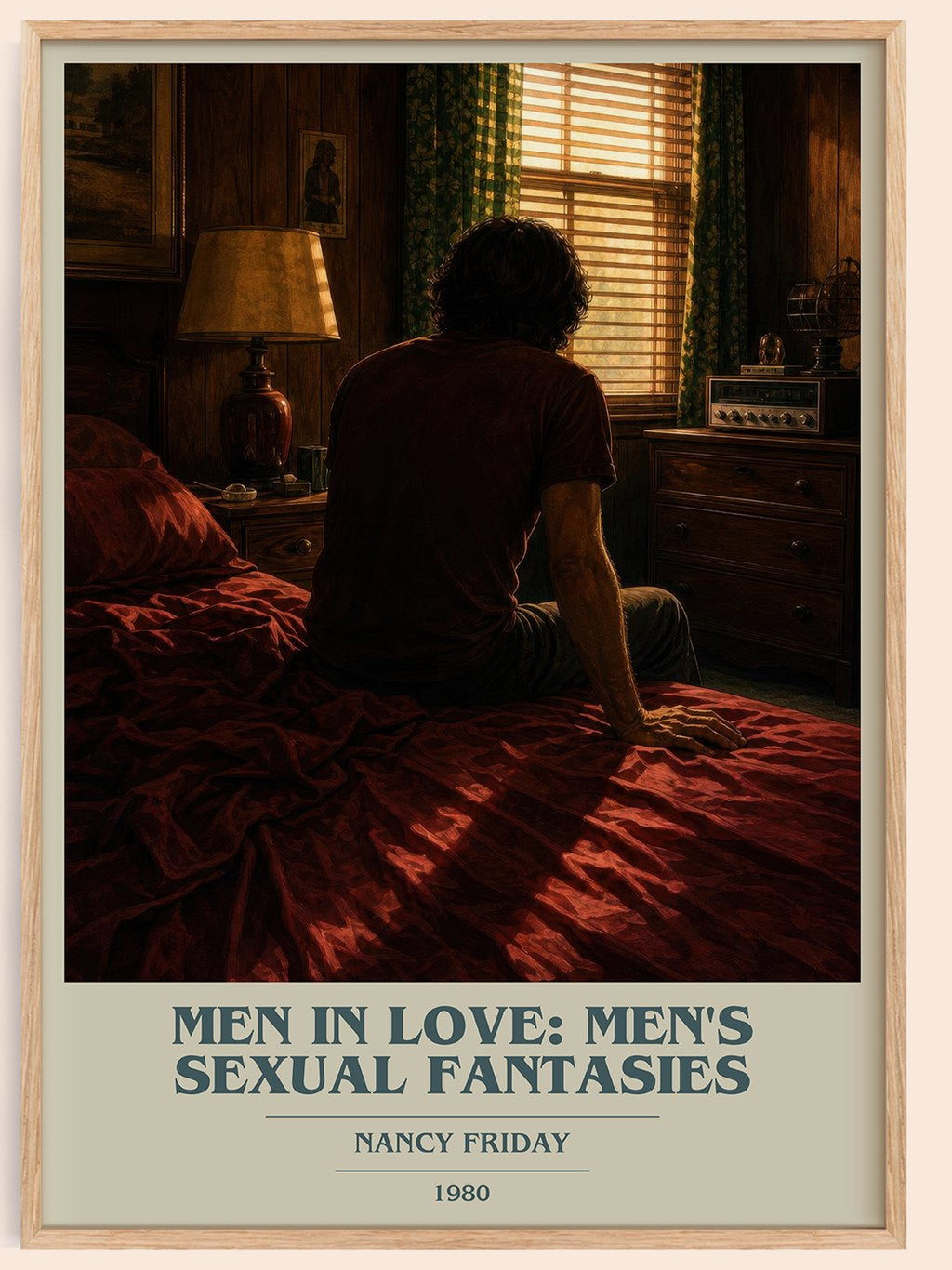 Men in Love: Men's Sexual Fantasies book cover book poster by Nancy Friday – framed literary art print