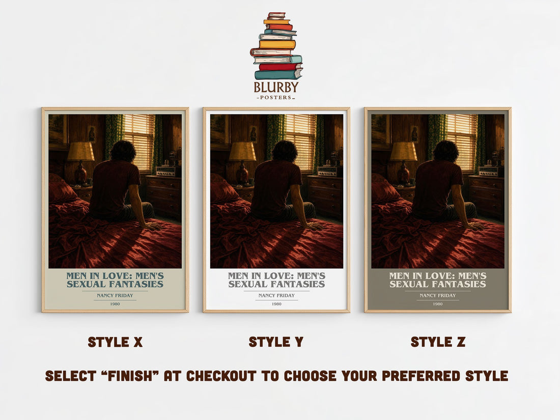 Men in Love: Men's Sexual Fantasies book cover print in frame leaning in hallway – non fiction wall art (mockup)
