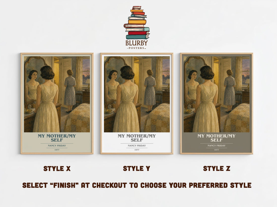 My Mother/My self book cover print in frame leaning in hallway – non fiction wall art (mockup)