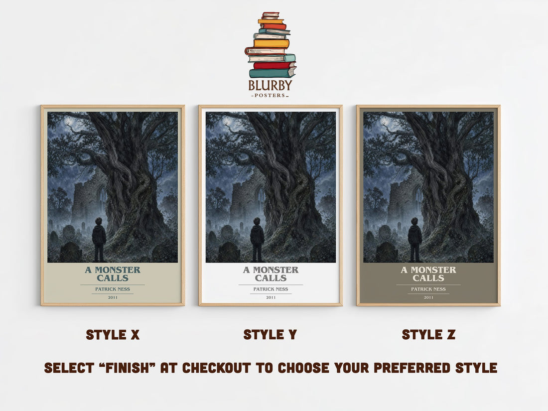 A Monster Calls book cover print in frame leaning in hallway – young adult wall art (mockup)