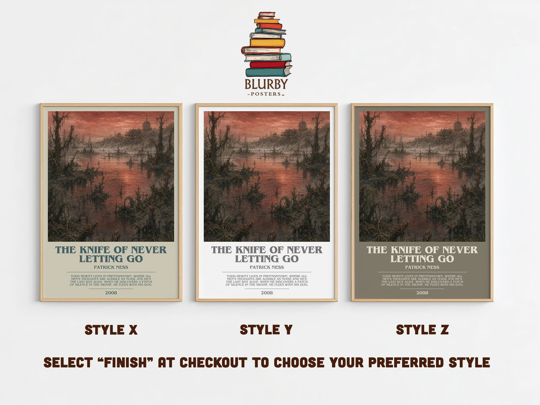 The Knife of Never Letting Go bookish print in frame leaning in hallway – dystopian wall art (mockup)