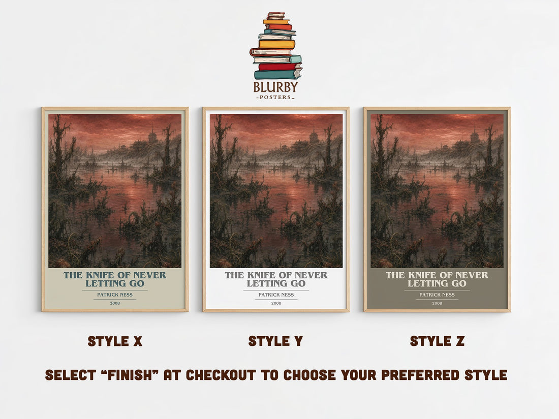The Knife of Never Letting Go book cover print in frame leaning in hallway – dystopian wall art (mockup)