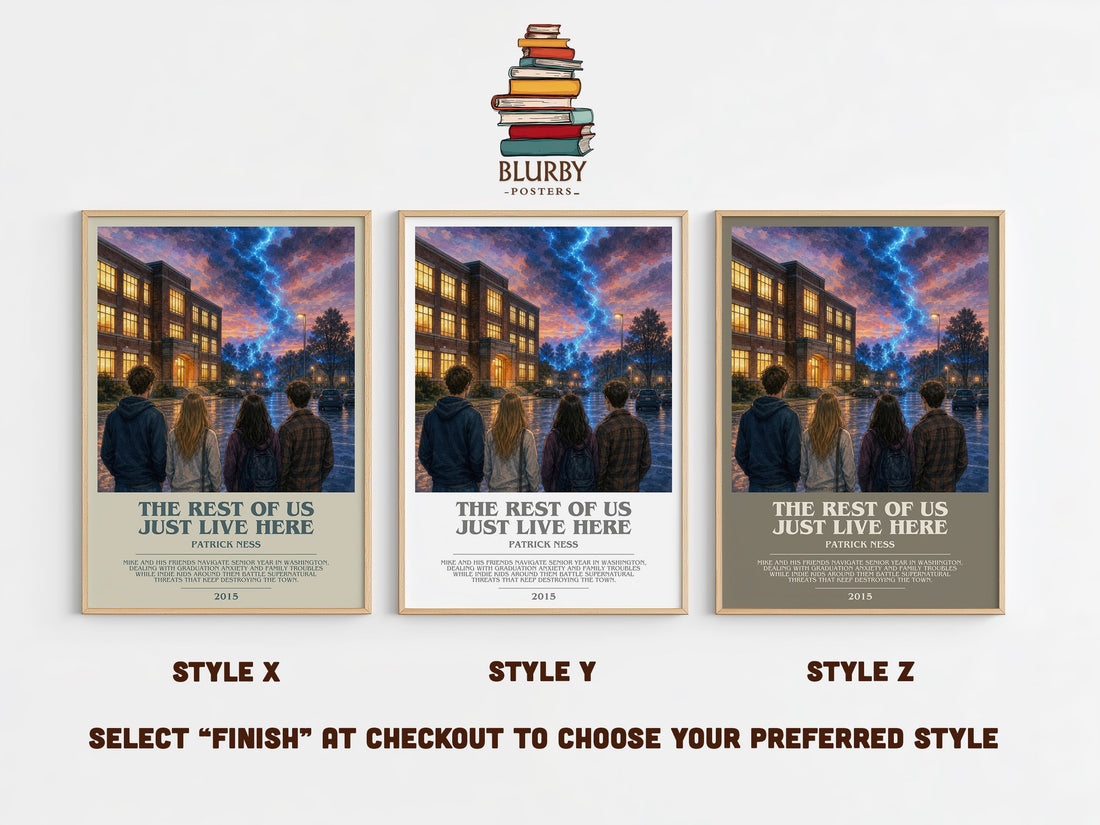 The rest of us just live here bookish print in frame leaning in hallway – young adult wall art (mockup)