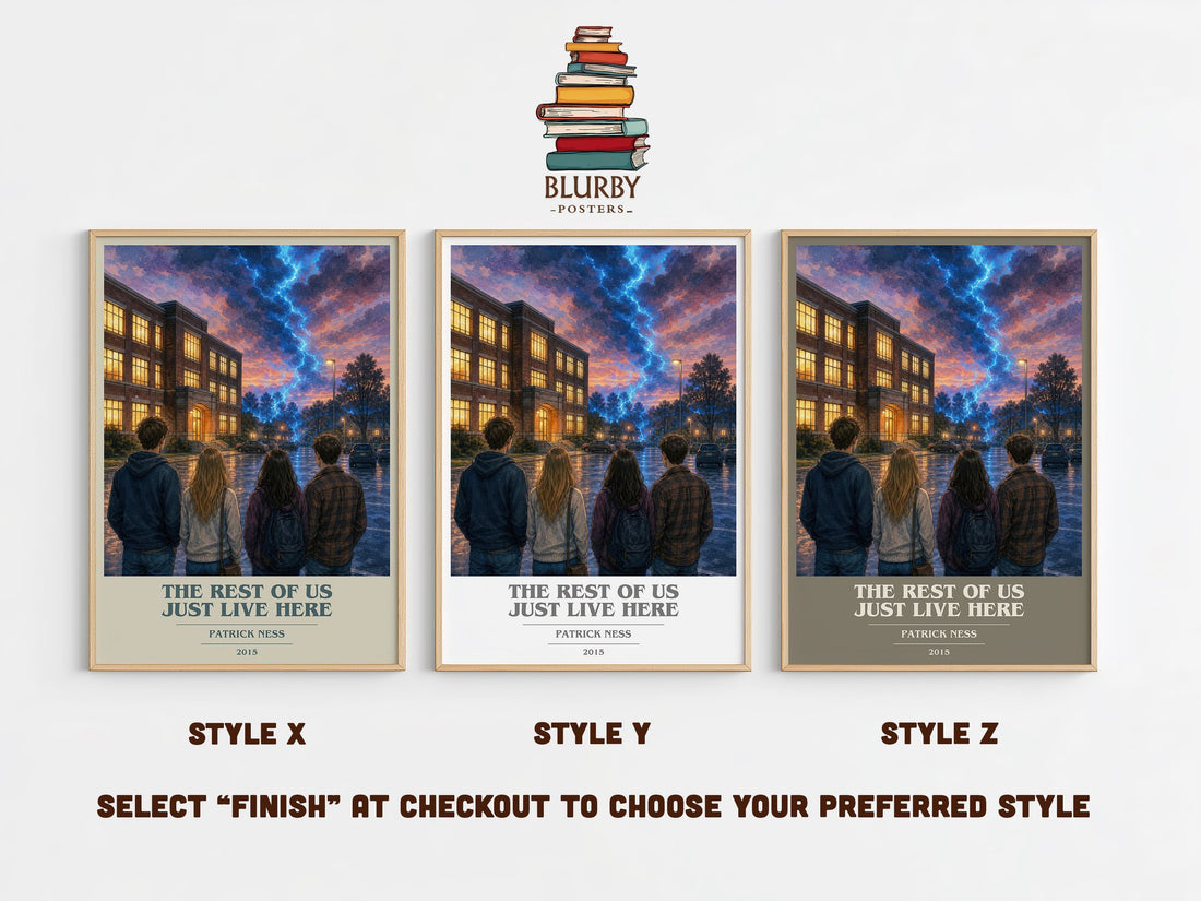 The rest of us just live here book cover print in frame leaning in hallway – young adult wall art (mockup)