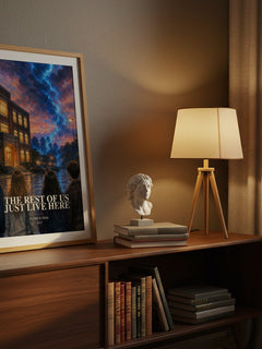 The rest of us just live here watercolour print on bookshelf – Patrick Ness fan gift