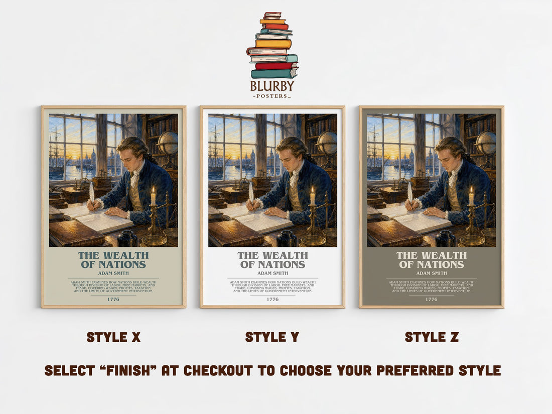 The Wealth of Nations bookish print in frame leaning in hallway – philosophy wall art (mockup)