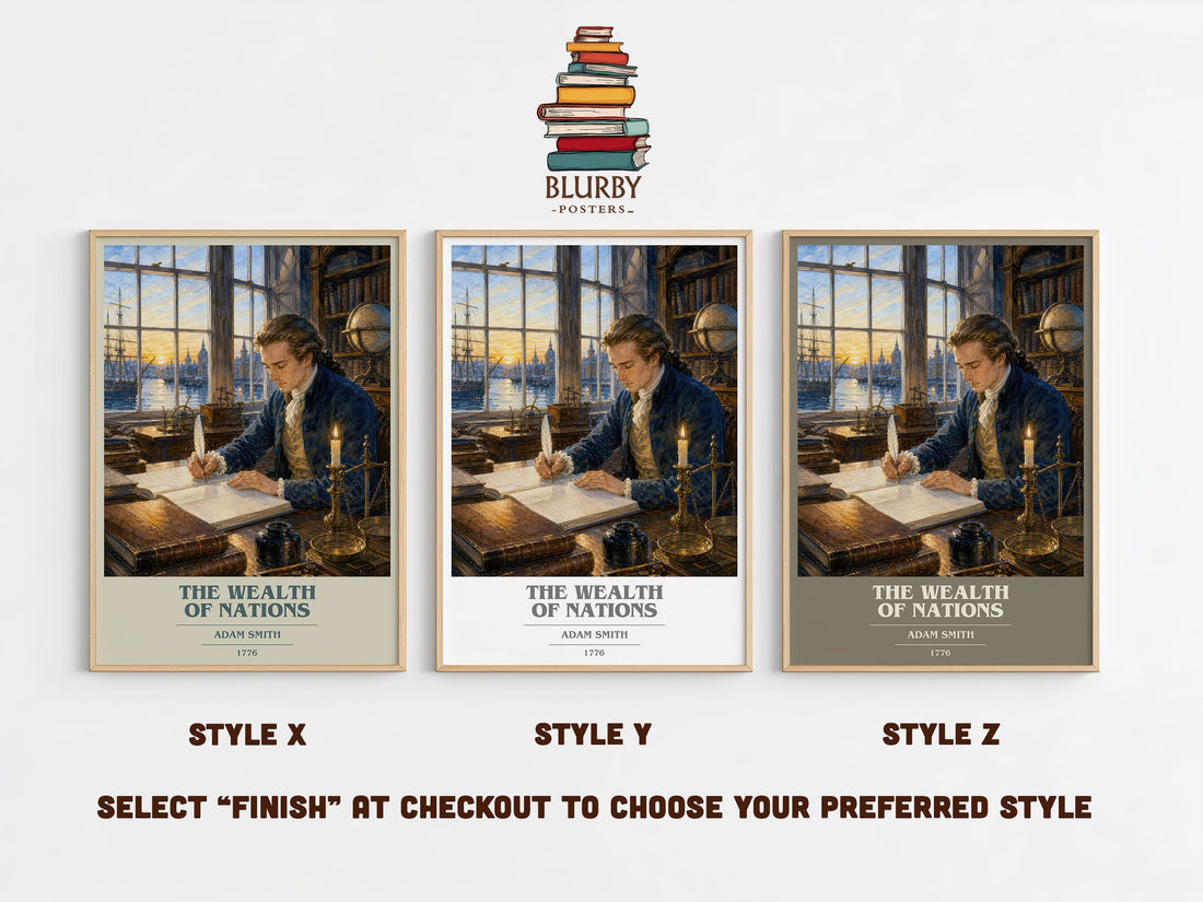 The Wealth of Nations book cover print in frame leaning in hallway – philosophy wall art (mockup)