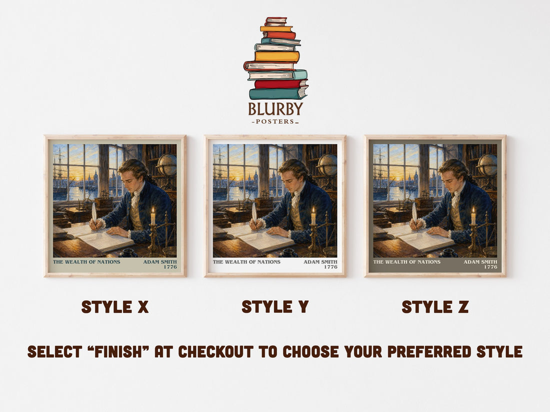 The Wealth of Nations literary print in frame leaning in hallway – philosophy wall art (mockup)