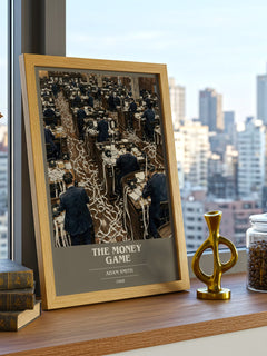 The money game book cover print framed by window – literary home decor
