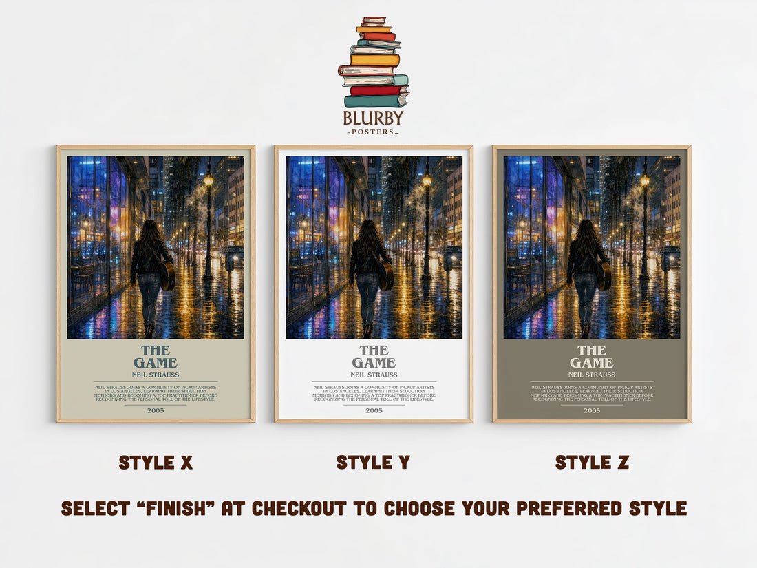 The Game bookish print in frame leaning in hallway – memoir wall art (mockup)