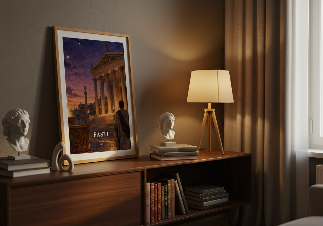 Fasti watercolour print on bookshelf – Ovid fan gift