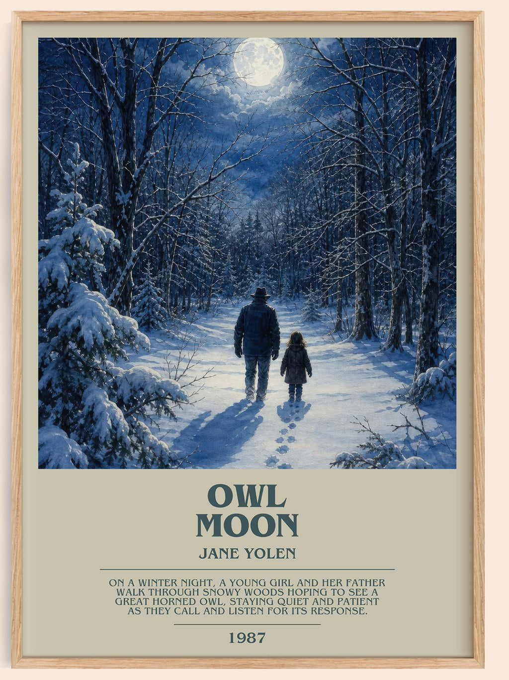 Owl Moon bookish book poster by Jane Yolen – framed literary art print