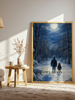 Owl Moon watercolour print in frame leaning in hallway – childrens wall art