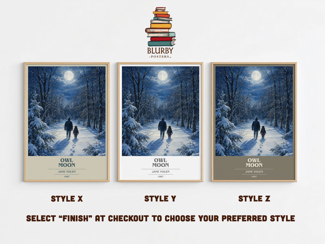 Owl Moon book cover print in frame leaning in hallway – childrens wall art (mockup)