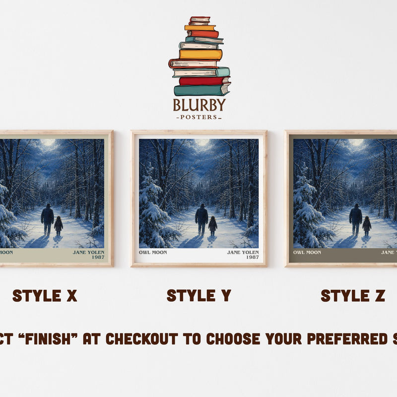 Owl Moon literary print in frame leaning in hallway – childrens wall art