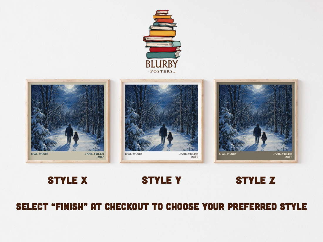 Owl Moon literary print in frame leaning in hallway – childrens wall art (mockup)