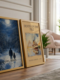 Owl Moon watercolour print framed by window – literary home decor