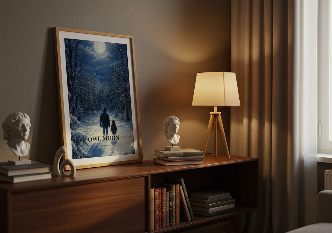 Owl Moon watercolour print on bookshelf – Jane Yolen fan gift