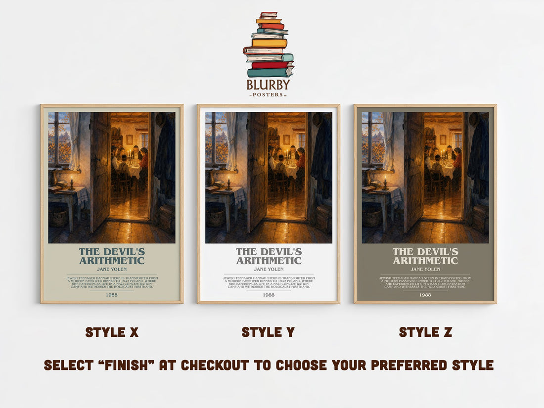 The devil's arithmetic bookish print in frame leaning in hallway – historical fiction wall art (mockup)