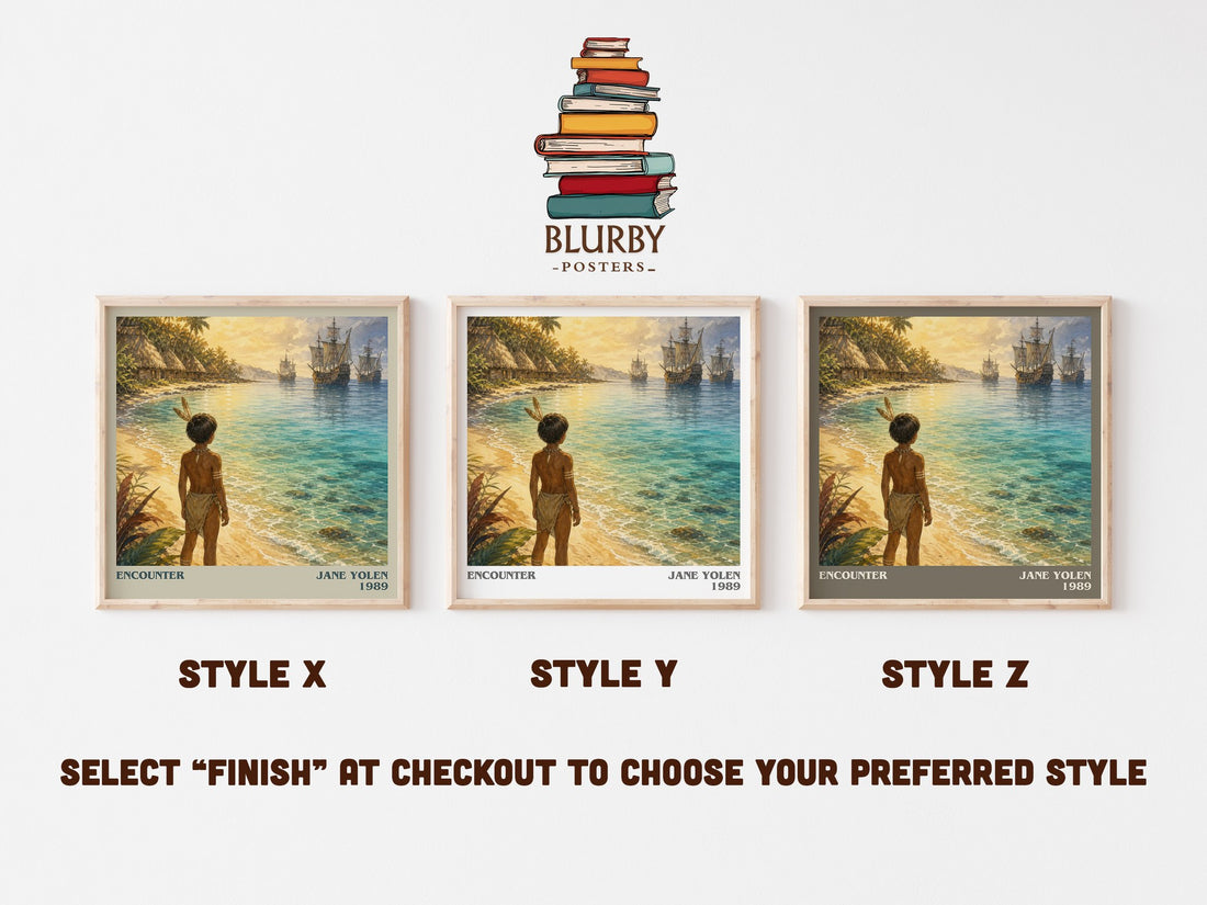 Encounter literary print in frame leaning in hallway – childrens wall art (mockup)