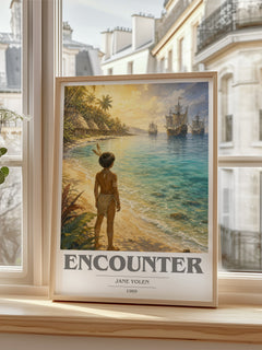 Encounter book cover poster colour and style options – Jane Yolen book art
