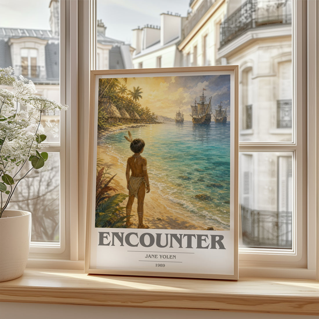 Encounter book cover poster colour and style options – Jane Yolen book art
