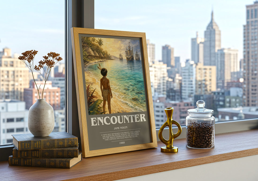 Encounter bookish print framed by window – literary home decor
