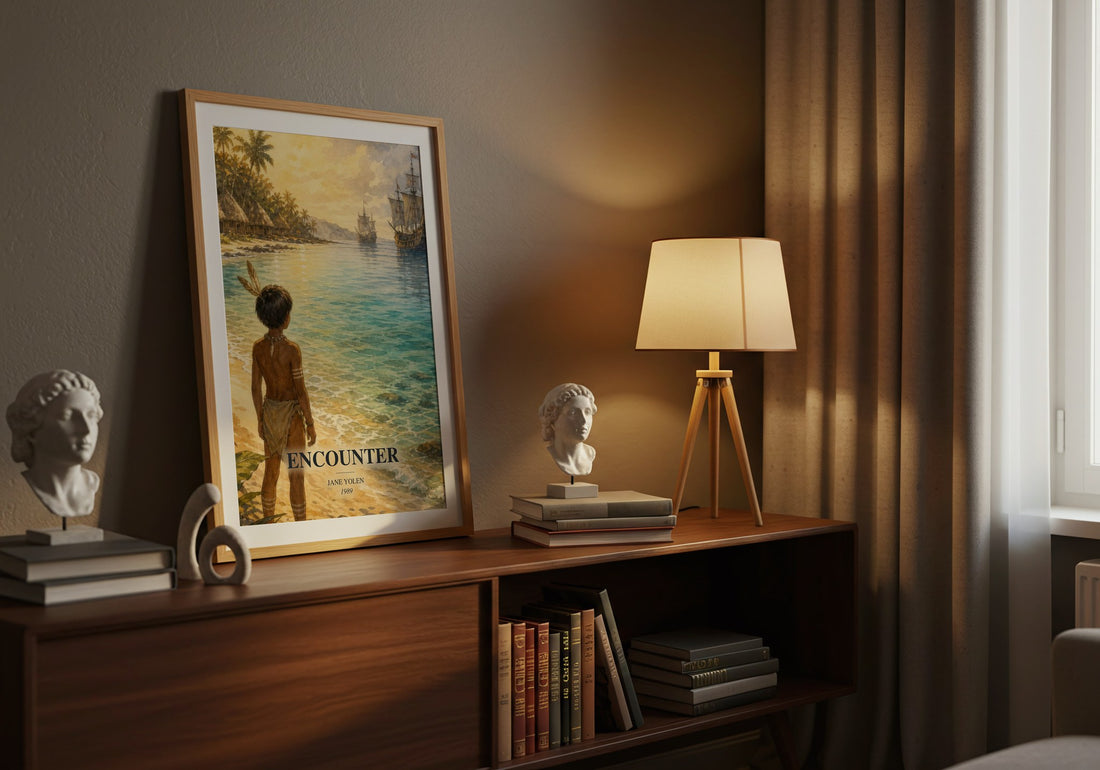 Encounter watercolour print on bookshelf – Jane Yolen fan gift