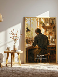 Flow watercolour print in frame leaning in hallway – non fiction wall art