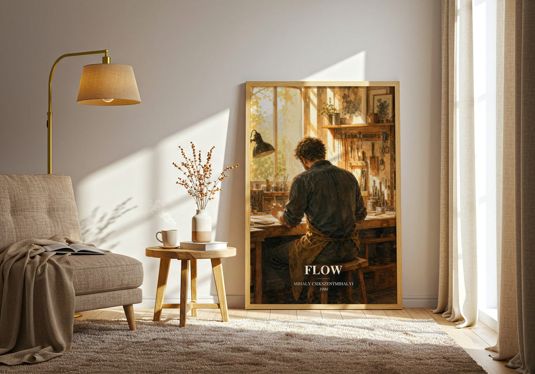Flow watercolour print in frame leaning in hallway – non fiction wall art