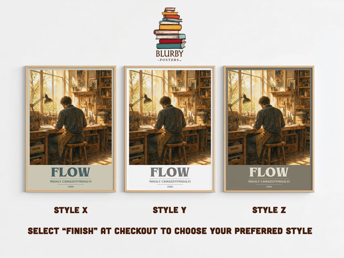 Flow book cover print in frame leaning in hallway – non fiction wall art (mockup)