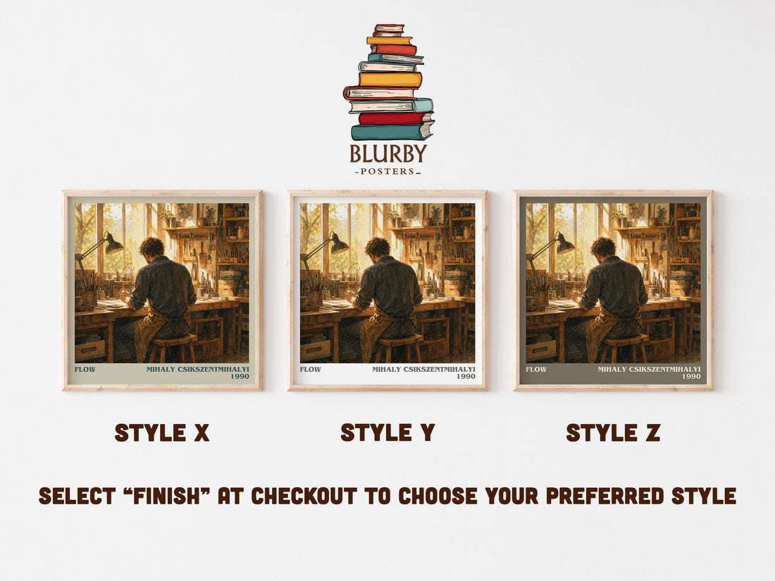 Flow literary print in frame leaning in hallway – non fiction wall art (mockup)