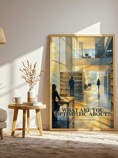 What Are You Optimistic About? watercolour print in frame leaning in hallway – non fiction wall art
