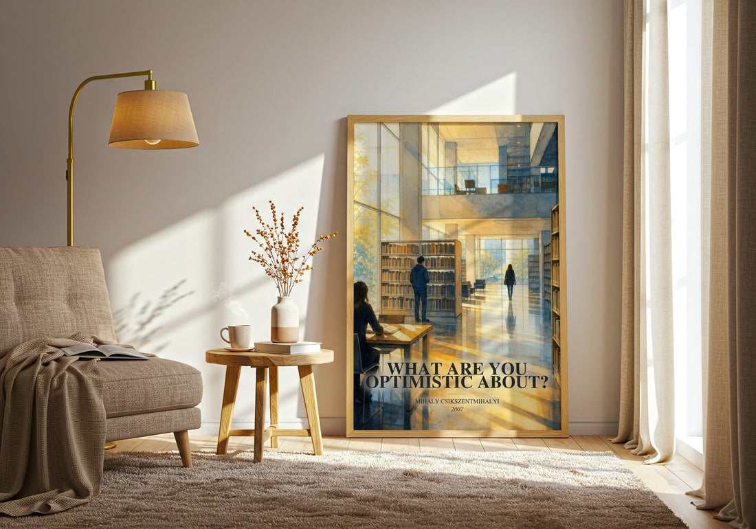 What Are You Optimistic About? watercolour print in frame leaning in hallway – non fiction wall art