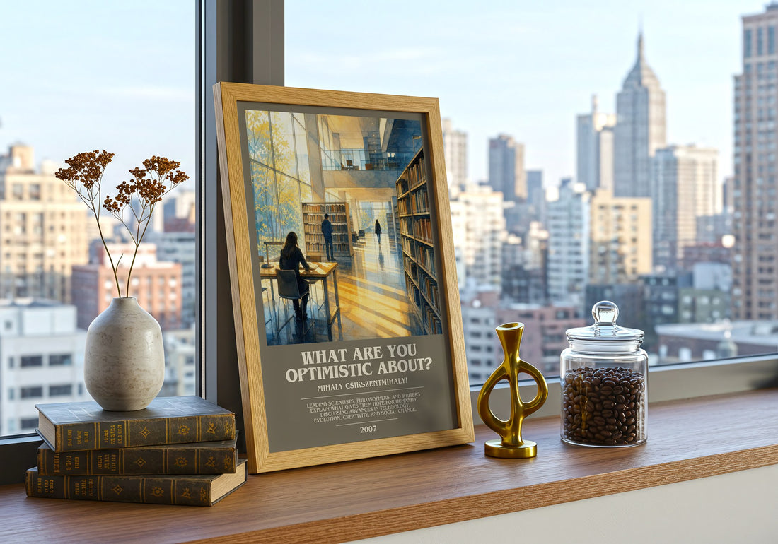 What Are You Optimistic About? bookish print framed by window – literary home decor
