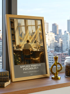 Applied positive psychology book cover print framed by window – literary home decor