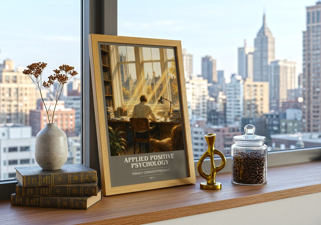 Applied positive psychology book cover print framed by window – literary home decor