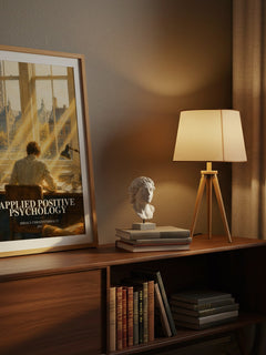Applied positive psychology watercolour print on bookshelf – Mihaly Csikszentmihalyi fan gift