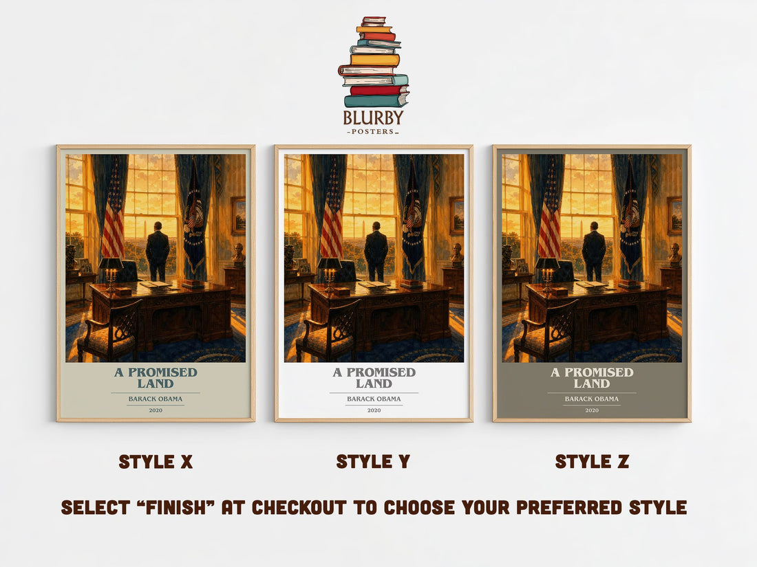 A Promised Land book cover print in frame leaning in hallway – memoir wall art (mockup)