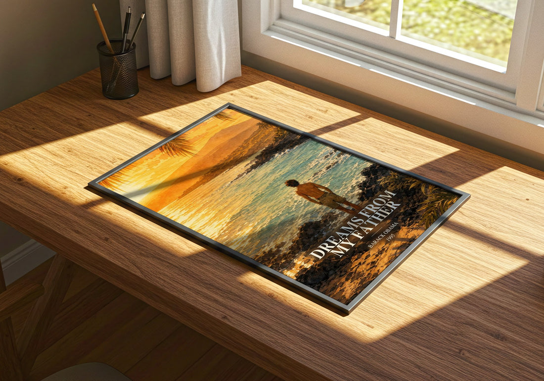 Dreams from My Father watercolour book poster framed on wall – memoir wall art