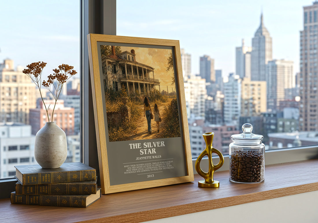 The silver star bookish print framed by window – literary home decor