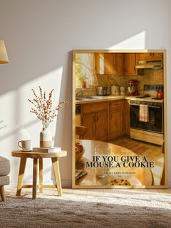 If You Give a Mouse a Cookie watercolour print in frame leaning in hallway – childrens wall art