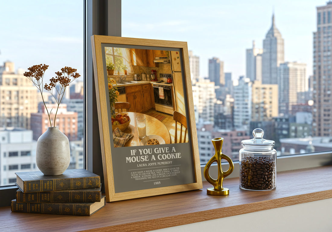 If You Give a Mouse a Cookie bookish print framed by window – literary home decor