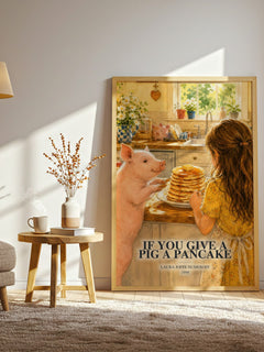 If You Give a Pig a Pancake watercolour print in frame leaning in hallway – childrens wall art